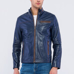 Leather Racer Strap Neck Jacket // Blue (S)
