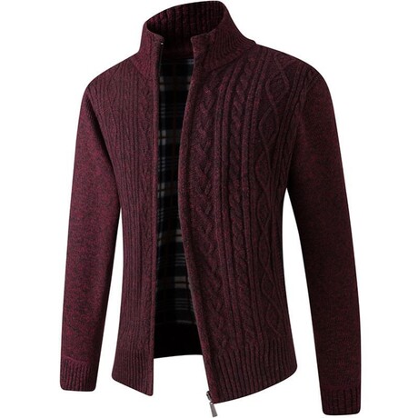 FLANNEL LINED CABLE ZIP CARDIGAN // BURGUNDY (M)