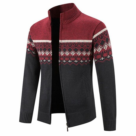 FLANNEL LINED FAIR ISLE CARDIGAN // RED (L)