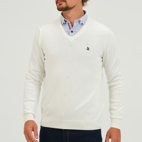 Contrast Logo V-Neck Sweater // Ecru (S)