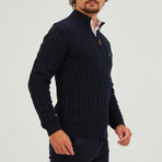 Birdseye Logo Placket 1/4 Zip Sweater // Navy (S)