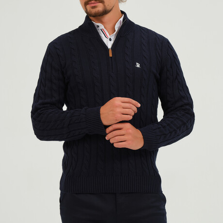 Birdseye Logo Placket 1/4 Zip Sweater // Navy (S)