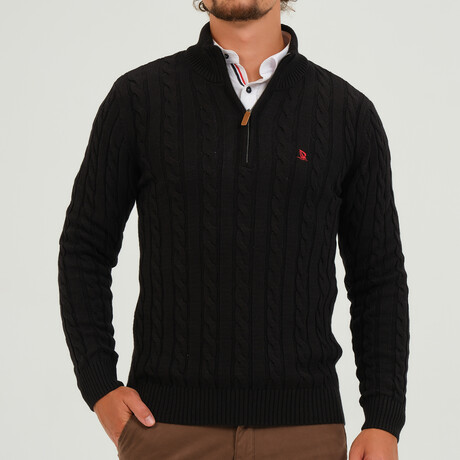 Birdseye Logo Placket 1/4 Zip Sweater // Black (S)