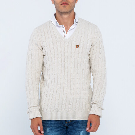 Cable Knit V-Neck Sweater // Linen (S)