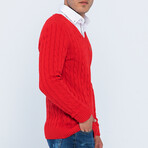 Cable Knit V-Neck Sweater // Red (L)