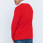 Cable Knit V-Neck Sweater // Red (L)