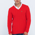 Cable Knit V-Neck Sweater // Red (L)