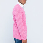 Cable Knit V-Neck Sweater // Pink (S)