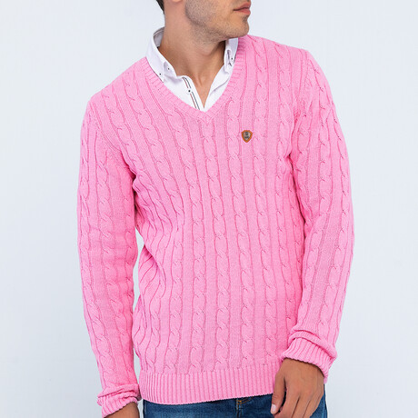 Cable Knit V-Neck Sweater // Pink (S)