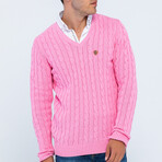 Cable Knit V-Neck Sweater // Pink (S)
