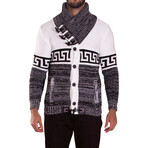 Greek Key Contrast Button Up Sweater // White (2XL)