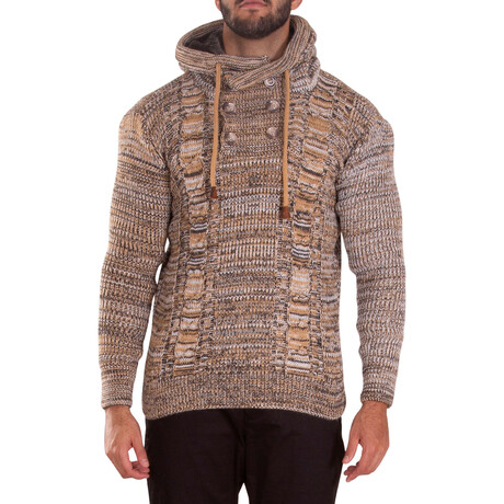 Ribbed Knit Pullover Fur Lined Hooded Sweater // Beige (M)