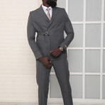 2 Piece Plain Slim Fit Double Breasted Pointed Collar Belted Suit // Dark Gray (Euro: 48)