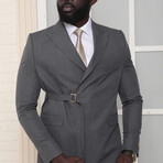 2 Piece Plain Slim Fit Double Breasted Pointed Collar Belted Suit // Dark Gray (Euro: 48)