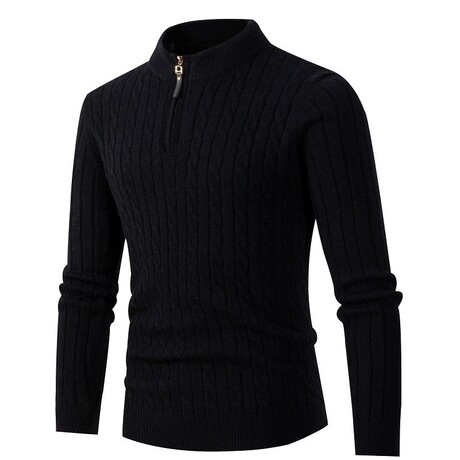 QUARTER ZIP STRIPE & CABLE KNIT SWEATER // BLACK (L) - Celino PERMANENT ...