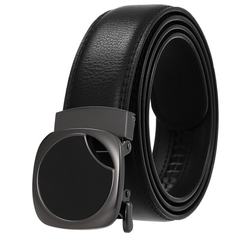 Leather Belt - Automatic Buckle // Black Belt + Square Black Buckle