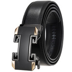 Leather Belt - Automatic Buckle // Black Belt + Black & Gold Buckle