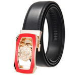 Leather Belt - Automatic Buckle // Black Belt + Gold & Red Lion Buckle