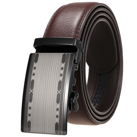 Leather Belt - Automatic Buckle // Brown Belt + Black Striped Textured Bucke