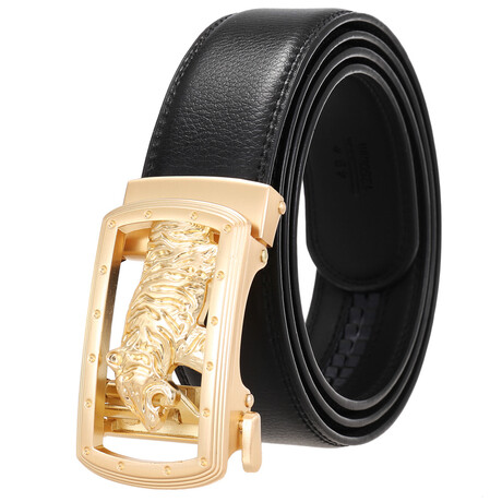 Leather Belt - Automatic Buckle // Black Belt + Gold Tiger Buckle