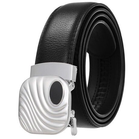 Leather Belt - Automatic Buckle // Black Belt + Square Silver Buckle