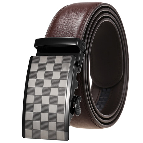 Leather Belt - Automatic Buckle // Brown Belt + Silver Checkered Buckle