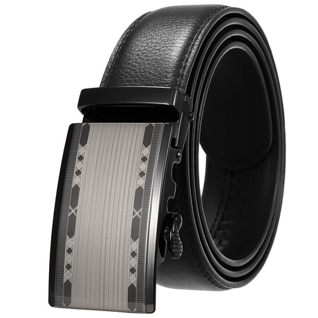 Leather Belt - Automatic Buckle // Black Belt + Black Striped Textured Bucke