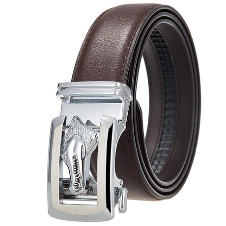 Leather Belt - Automatic Buckle // Brown Belt + Silver Crocodrile Buckle