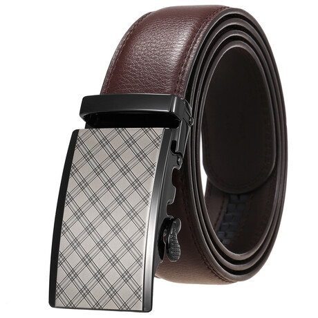 Leather Belt - Automatic Buckle // Brown Belt + Black Plaid Buckle