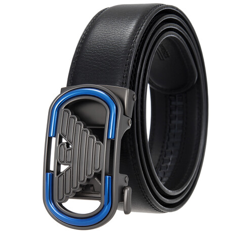 Leather Belt - Automatic Buckle // Black Belt + Black Eagle Buckle