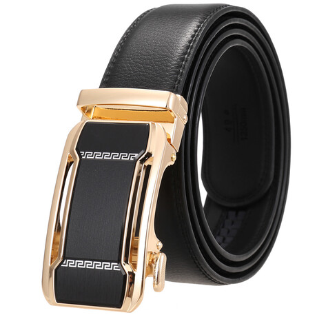 Leather Belt - Automatic Buckle // Black Belt + Gold & Black Buckle