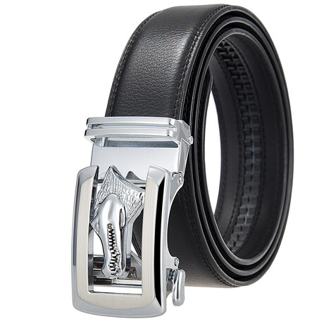 Leather Belt - Automatic Buckle // Black Belt + Silver Crocodrile Buckle