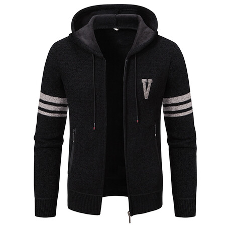 Striped Logo Hoodie Zip Up Cardigan // Black (XS)