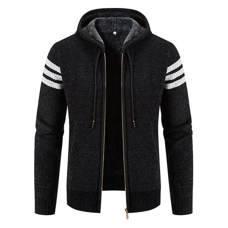 Striped Hoodie Zip Up Cardigan // Black (L)