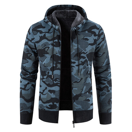 Camo Hoodie Zip Up Cardigan // Blue (L)