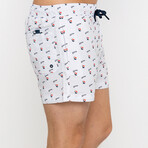 Boats and Logo Pattern Swim Shorts // White (S)