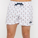 Boats and Logo Pattern Swim Shorts // White (S)