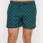 Green Squares Pattern Swim Short // Green (S)