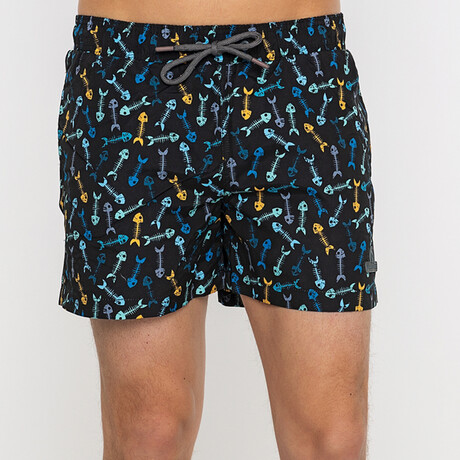 Fish Skelletons Pattern Swim Shorts // Black (S)