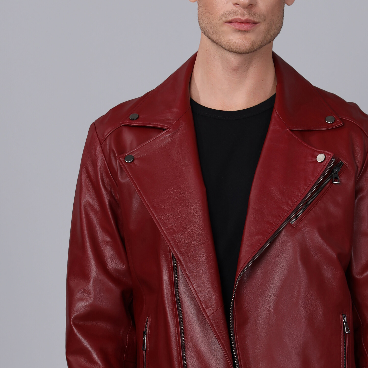 Biker Leather Jacket // Burgundy (S) - Basics&More Leather Jackets ...