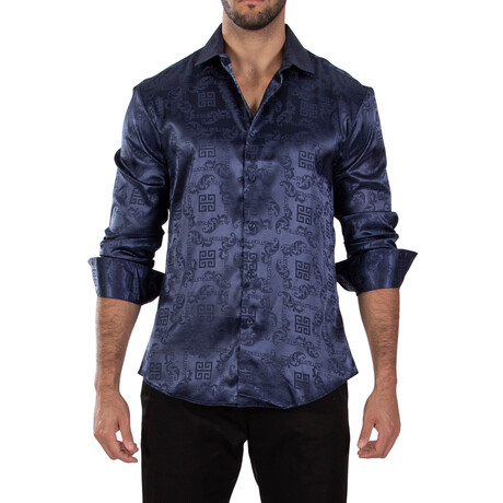 Greek Key Long Sleeve Dress Shirt Navy Shine // Navy (XS)
