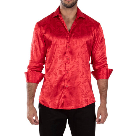 Greek Key Long Sleeve Dress Shirt Red Shine // Red (XS)