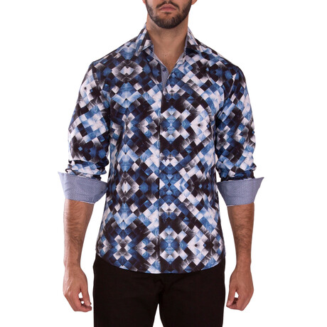 Mirrored Glass Print Long Sleeve Dress Shirt // Navy (XS)