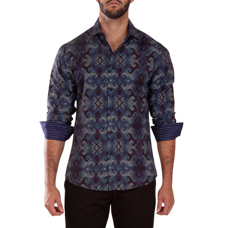 Patterned Long Sleeve Dress Shirt // Navy + Green (XS)