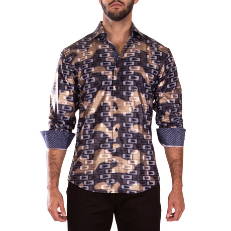 Shiny Geo Print Long Sleeve Dress Shirt // Navy (XS)