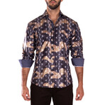 Shiny Geo Print Long Sleeve Dress Shirt // Navy (XS)