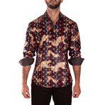 Shiny Geo Print Long Sleeve Dress Shirt // Black + Red (XS)