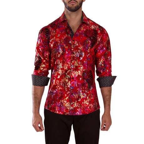 Velvet Paisley Long Sleeve Dress Shirt // Red (XS)