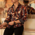 Shiny Geo Print Long Sleeve Dress Shirt // Black + Red (XS)