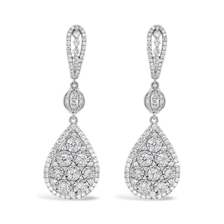 18k White Gold Eco-Friendly Diamond Pear Halo Cluster Dangle Earrings // New